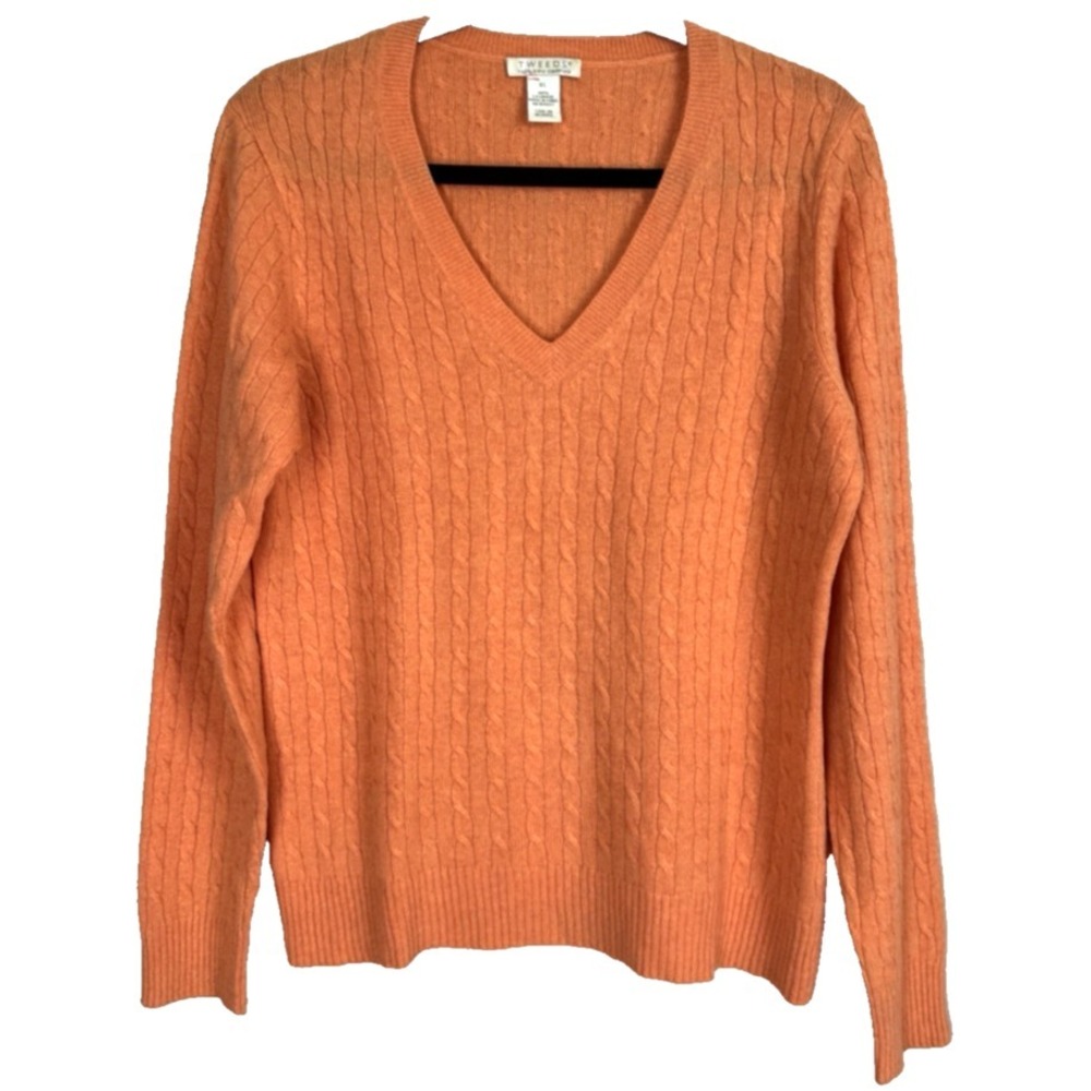 Tweeds Orange Cashmere Cable Knit V-Neck Sweater XL Fall Fest Fisherman Preppy